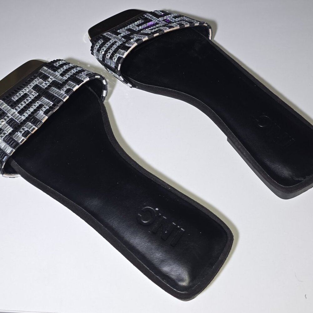 INC - 8M International Concepts Beaded Slide Sandals Black Silver Gold Toe Plate - Picture 7 of 7